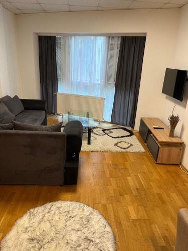 een woonkamer met een bank en een tafel bij Apartman 208 in Novi Sad