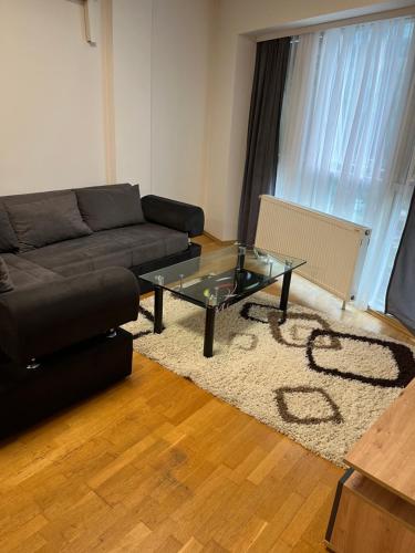 een woonkamer met een bank en een glazen tafel bij Apartman 208 in Novi Sad