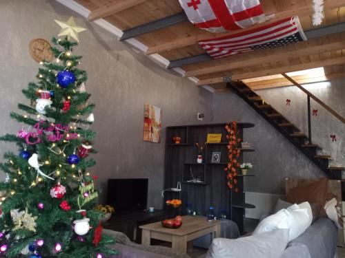 Chase Dream Hostel追梦空间 في باتومي: غرفة معيشة مع شجرة عيد الميلاد في غرفة معيشة