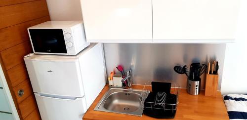 Il comprend une petite cuisine équipée d'un évier et d'un four micro-ondes. dans l'établissement Escapade Niortaise - Studios climatisés hyper-centre de Niort, à Niort