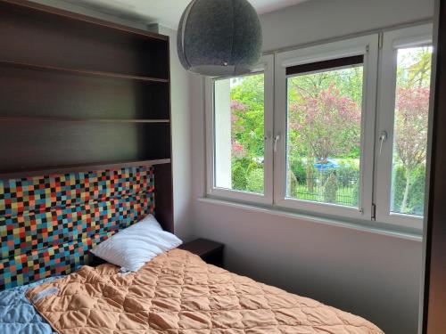 1 dormitorio con 1 cama y 2 ventanas en Apartament Batorego 2a en Gdansk