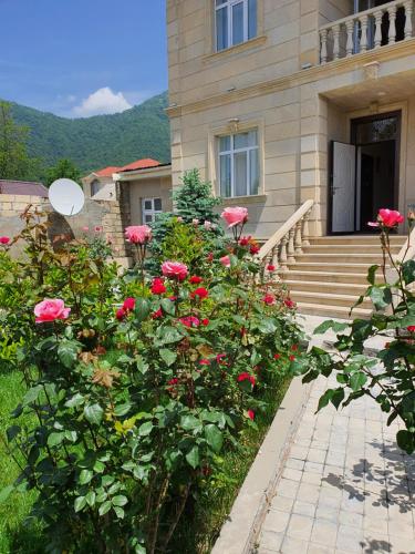 a house with pink roses in front of a building at Viva hotel Gabala with outdoor pool ,Sauna and Waterfall in Gabala