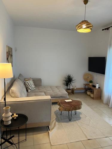 a living room with a couch and a flat screen tv at Hacienda ZK in Nea Potidaea