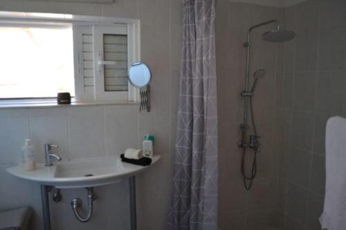 y baño con ducha, lavabo y espejo. en sissy's relaxing villa, en Artemida