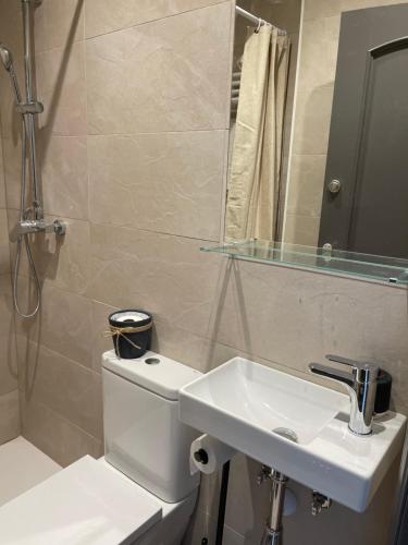 a bathroom with a sink and a toilet and a mirror at Barcelona PR Guesthouse in El Prat de Llobregat