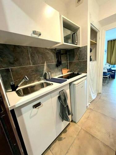 une cuisine avec un évier et un plan de travail dans l'établissement Studio loggia 80m de la mer, à La Grande Motte