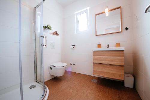 uma casa de banho com um WC, um lavatório e um chuveiro em Rock Apartments II em Novalja