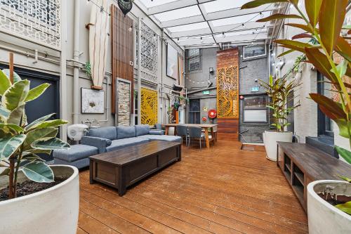 シドニーにあるLondon Plane Backpackersの家具や植物が並ぶリビングルーム