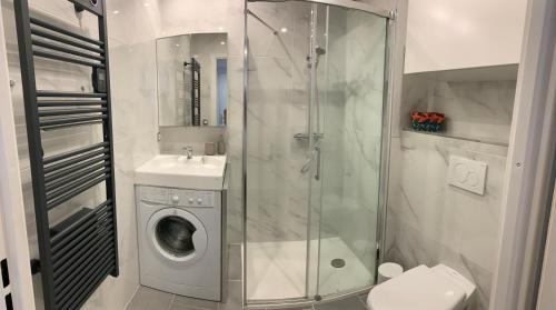 La salle de bains est pourvue d'un lave-linge et d'une douche. dans l'établissement Joli studio climatisé avec Jardin dans résidence avec piscine, à Antibes