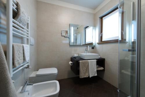 a bathroom with a sink and a toilet and a mirror at Hotel Vedig in Santa Caterina Valfurva