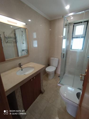 ein Bad mit einem Waschbecken, einem WC und einer Dusche in der Unterkunft MCR Barreiro - Lisboa in Lavradio