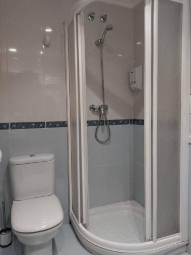 un bagno bianco con doccia e WC di Ribadeo Centro a Ribadeo