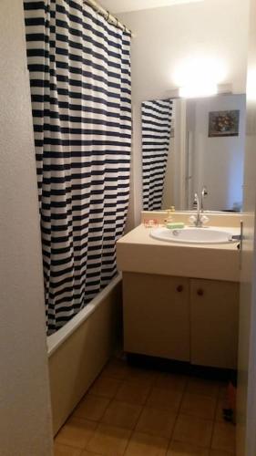 une salle de bain avec un lavabo et un rideau de douche dans l'établissement T3 rez de jardin résidence Capao plage richelieu, au Cap d'Agde