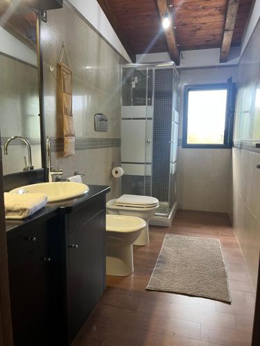 een badkamer met een toilet, een wastafel en een douche bij Casa Virginia in Maracalagonis