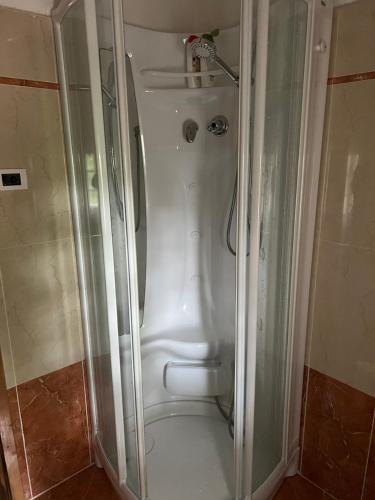 セリーナにあるCamera Singola con Terrazza Panoramicaのバスルーム(ガラスドア付きのシャワー付)