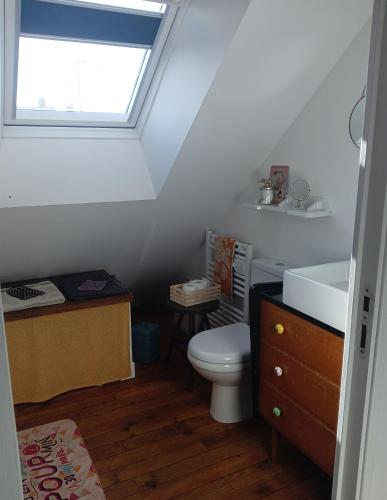 une salle de bain avec toilettes, lavabo et fenêtre dans l'établissement Chez Agathe et Mathieu, au Mans