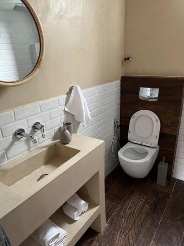 a bathroom with a sink and a toilet and a mirror at Koroni Luxury Apartment in Koroni