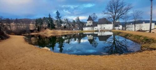 a reflection of a building in a pond in the dirt at Residenz Schloss Pöggstall in Pöggstall