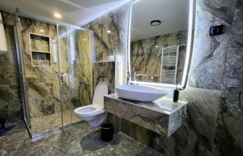 uma casa de banho com um lavatório, um WC e um chuveiro em ELISA Rooftop Luxury Apartments em Skopje
