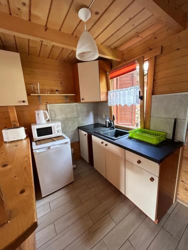 uma cozinha com um frigorífico branco e um lavatório em La Jolla Domki Drewniane em Jarosławiec