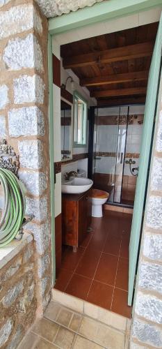 a bathroom with a sink and a toilet and a shower at Amazing View in Kokkala