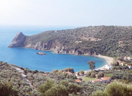 a view of a beach with blue water and trees at LYGIROS ANASTASIOS in Tarti