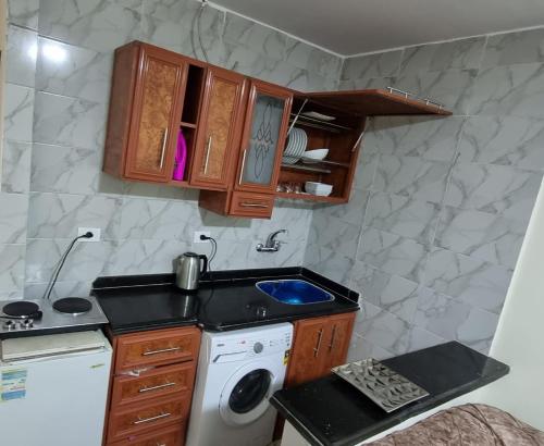 Il comprend une petite cuisine avec un évier et un lave-linge. dans l'établissement ستوديو على البحر محطة الرمل Raml station stodeo, à Alexandrie