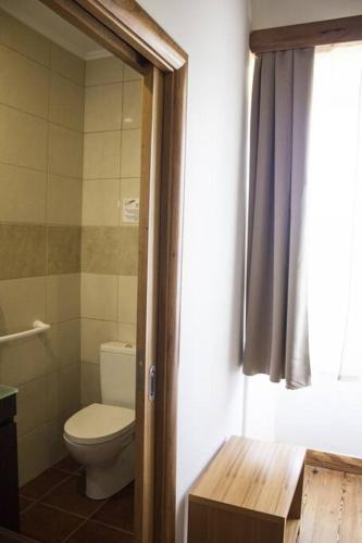 a bathroom with a toilet and a shower curtain at Casa Lagar de Pedra T3 in Santa Cruz da Graciosa