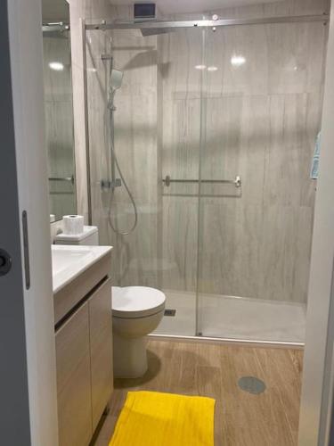 a bathroom with a shower and a toilet and a sink at Casa da Luna in Matosinhos
