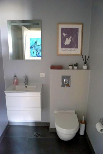 a bathroom with a sink and a toilet and a mirror at Austurey - Lakefront Villa in Laugarvatn