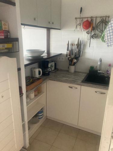 a small kitchen with white cabinets and a sink at CANNES Front de mer in Cannes