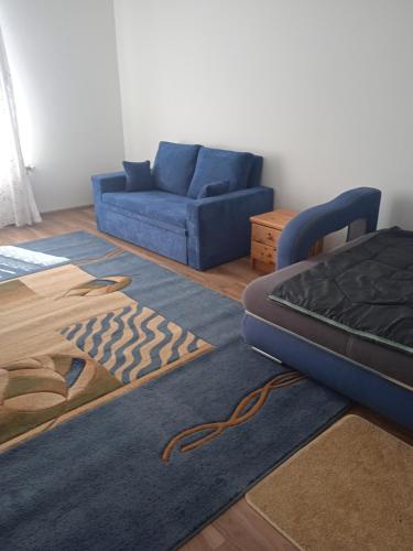 a living room with a blue couch and a rug at Apartament Boguslawskiego in Przemyśl