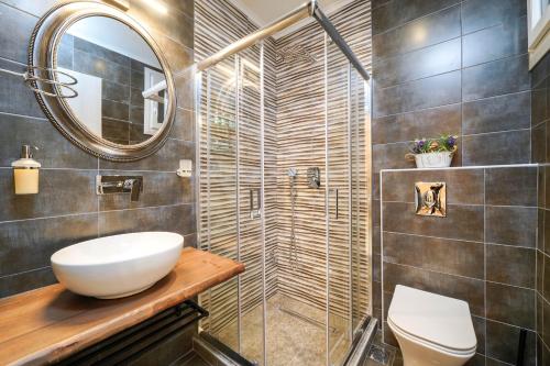 a bathroom with a shower and a sink and a mirror at Dagos Luxury Apartments in Limenas