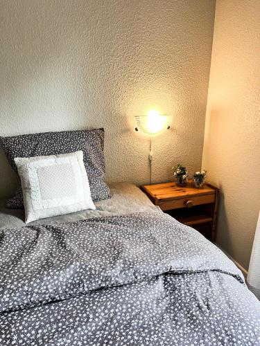 a bedroom with a bed and a lamp on a table at Fred og Ro Ferielejlighed in Ulstrup