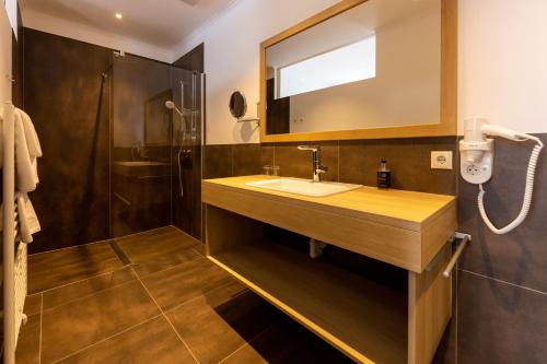 uma casa de banho com um lavatório, um chuveiro e um espelho. em Hotel Unter den Linden em Krems an der Donau
