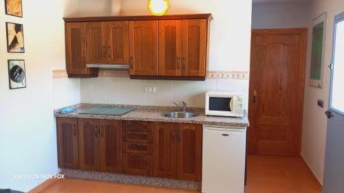 a kitchen with wooden cabinets and a sink and a microwave at Marumundo in Bermejo