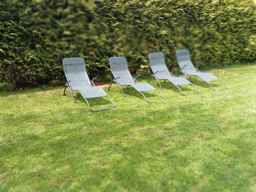 a row of chairs sitting in the grass at Pension Xacobeo Lavacolla in Lavacolla