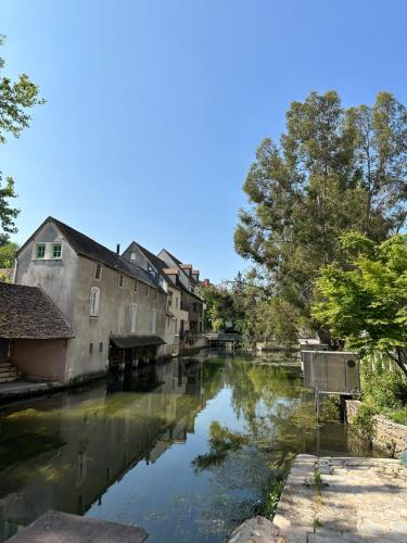 rzeka w mieście z domami i drzewami w obiekcie Appartement bords de l’Eure charmant studio w mieście Chartres