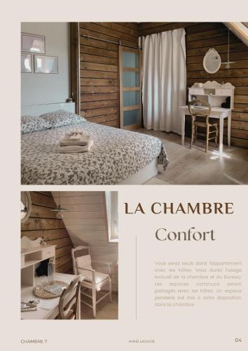 einen Zeitschriftenartikel mit einem Schlafzimmer, einem Tisch und einem Bett in der Unterkunft Chambre 7 chambre privée et bureau in Charolles