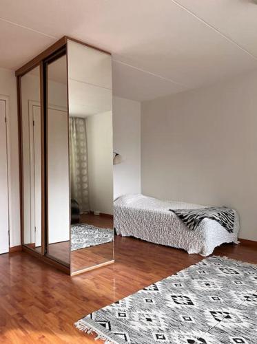 ein Schlafzimmer mit einem Spiegel und einem Bett mit einem Teppich in der Unterkunft Studio next to metrostation in Espoo