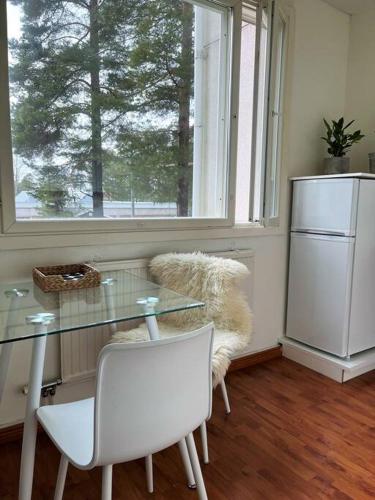 eine Küche mit einem Tisch, einem Kühlschrank und einem Fenster in der Unterkunft Studio next to metrostation in Espoo