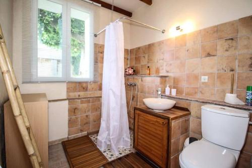 ein Bad mit einem WC, einem Waschbecken und einer Dusche in der Unterkunft Gîte avec piscine privatisée in Chamaret