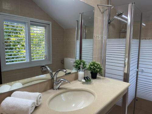 a bathroom with a sink and a shower at Orhan Havaya in Sheʼar Yashuv