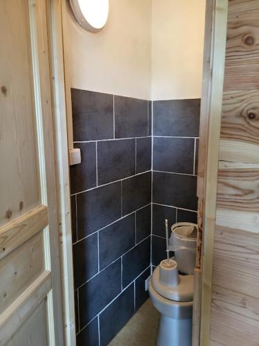 a bathroom with a toilet and a black tiled wall at Auberge La Coulette in Vars