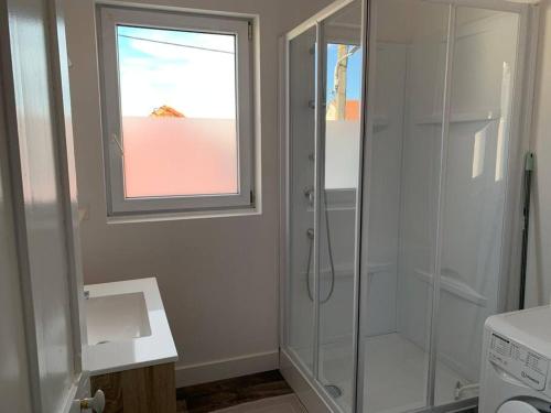 une salle de bain avec une douche et un lavabo et une fenêtre dans l'établissement Appartement rénové à 200m de la plage, à Châtelaillon-Plage