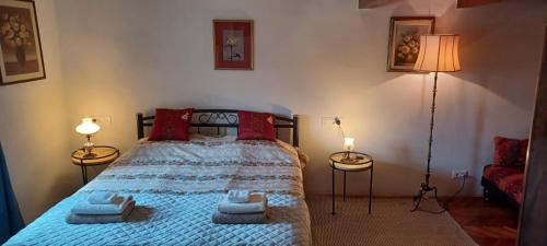 een slaapkamer met een bed met rode kussens en 2 lampen bij Casa Julija in Rovinj