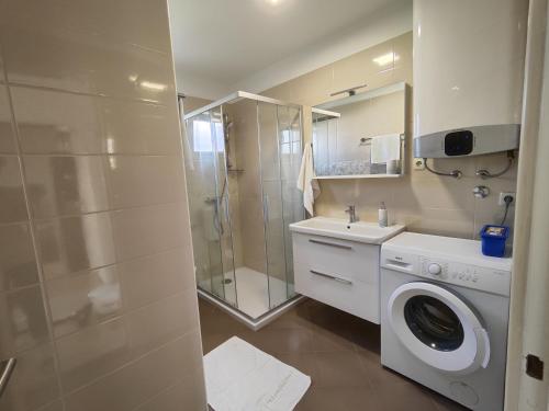 a bathroom with a washing machine and a shower at Apartment Padova I and II in Rab