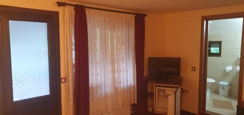 een kamer met een badkamer, een televisie en een raam bij Pensiunea Cezar-Codrin in Cheia
