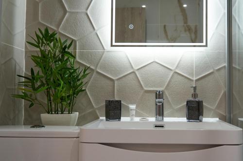 a bathroom with a sink and a potted plant at Luxury Stylish 2 Beds / 2 Baths in London
