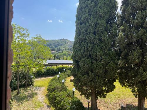 a view of a garden with trees and a building at Antica Colombaia in Volterra
